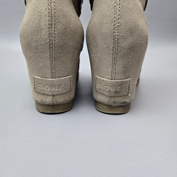 Sorel Joan of Arctic Wedge II Linen Soft Taupe Leather Mid Ankle Booties Size 8 - Picture 14 of 16